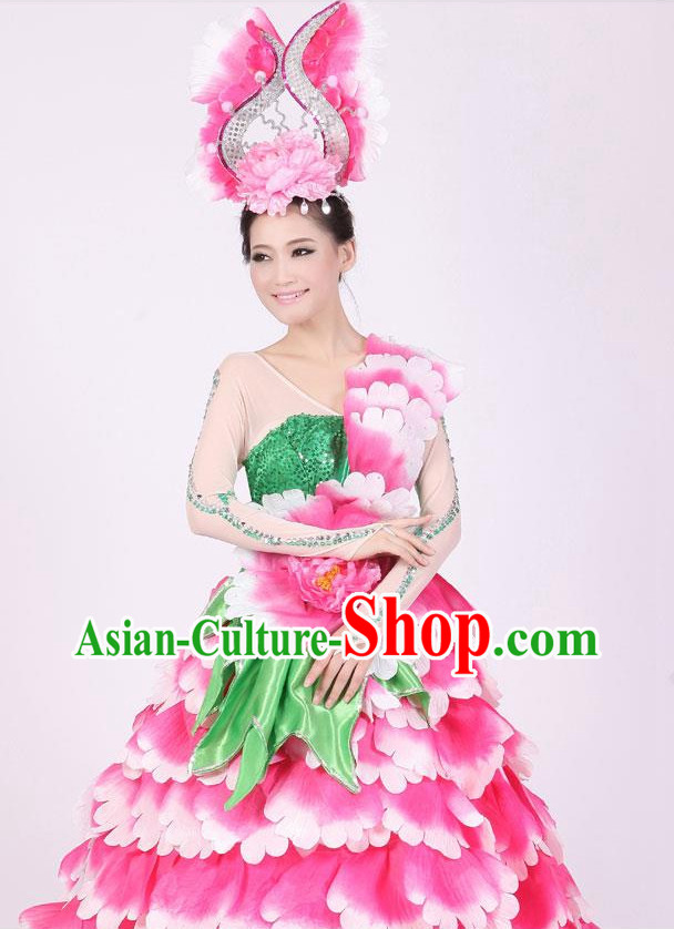 Chinese Floral Dance Costumes and Headwear Complete Set