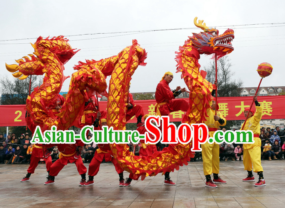 NEW 18 Meters Ten Adults Competition and Parade Red Gold Dragon Dance Costume Complete Set