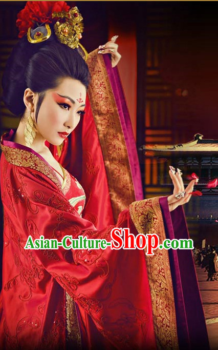 Traditional Chinese Empress Red Dance Costumes and Headpieces Complete Set
