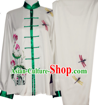 Traditional Tai Chi Chuan Embroidery Dragonfly and Lotus Silk Outfit