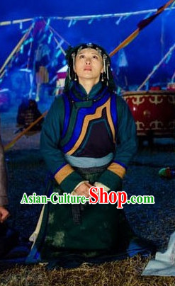 Traditional Mongolian Long Robe and Headwear for Girls