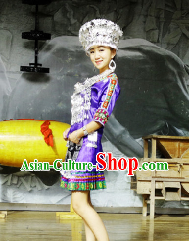 China Hmong Miao Ethnic Clothing and Silver Hat for Girls