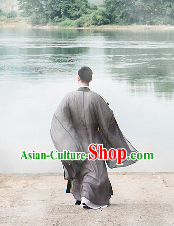 Chinese Traditional Gray Hanfu with Wide Sleeves