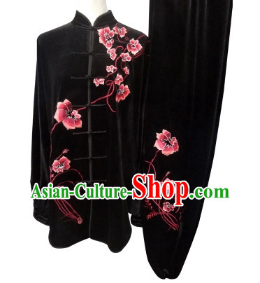 Black Velvet Embroidered Flower Kung Fu Suits Complete Set for Women