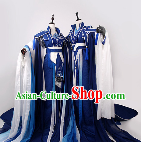 Chinese Royal Blue Sworsdsmen and Swordswomen Halloween Costumes 2 Complete Sets