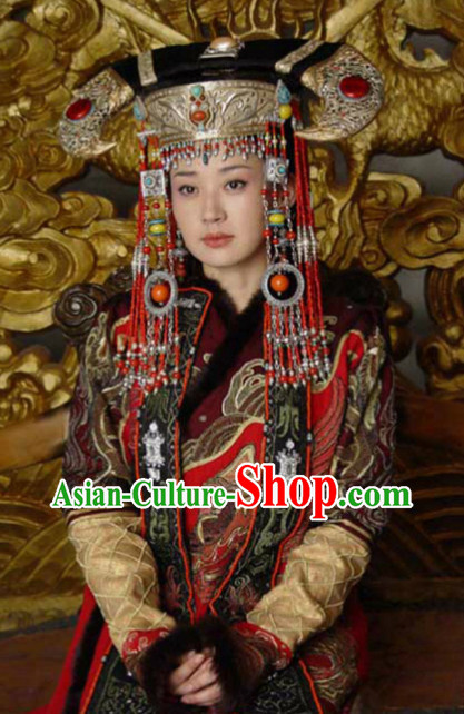 Chinese Ancient Mongolian Emperss Costumes and Hat Complete Set for Women