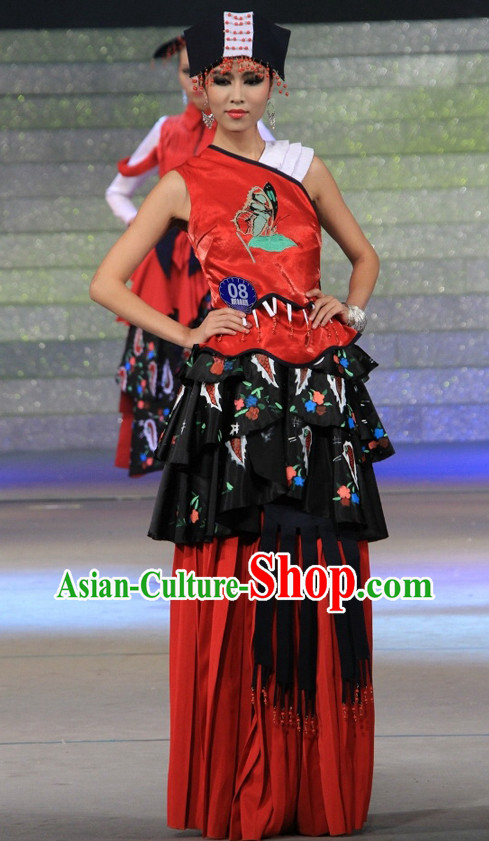 Chinese Traditional Ethnic Dress and Hat Complete Set for Women