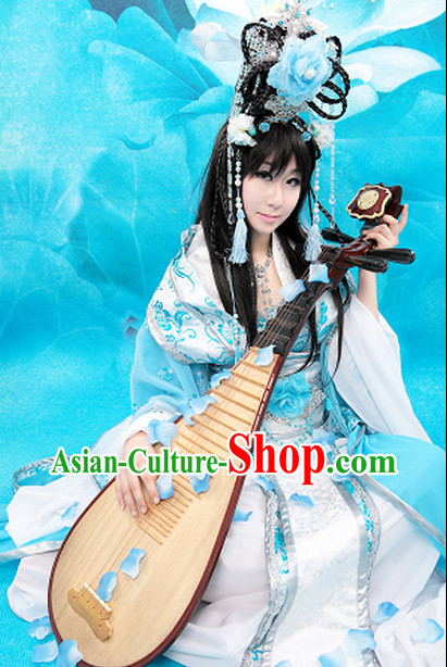 Chinese Blue and White Fairy Costumes and Hair Accessories Complete Set for Women