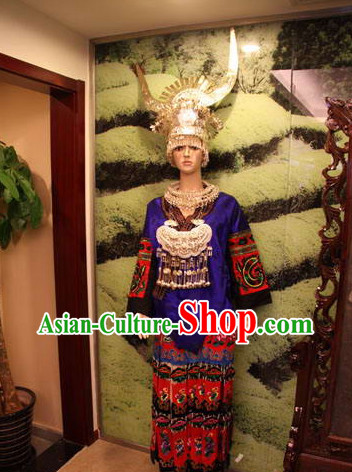 Chinese Traditional Miao Clothing and Silver Hat Complete Set for Women