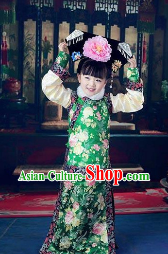 Chinese Qing Dynasty Princess Kids Costumes and Headdress Complete Set