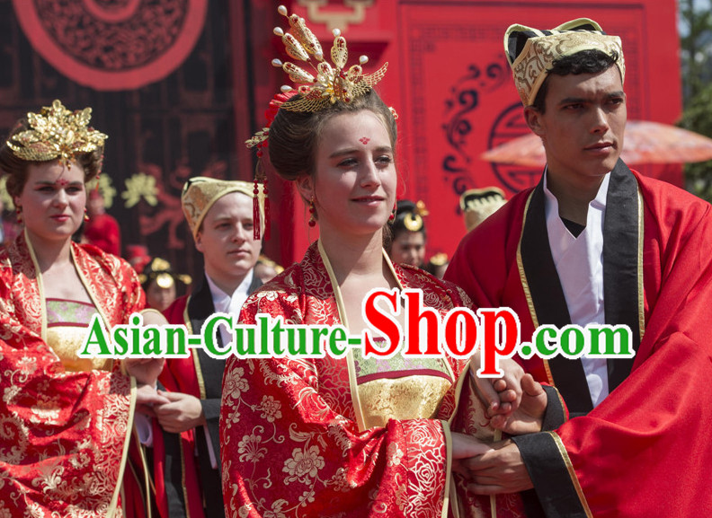 Asian Chinese Red Wedding Custom Made Costumes and Phoenix Headdresses for Women