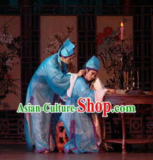 Chinese Traditional Scholar Blue Costumes and Hat