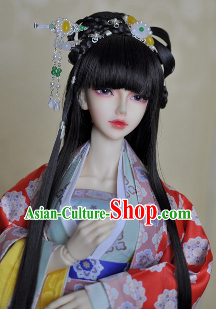 Traditional Chinese Black Long Wig and Hair Accessories Hair Jewelry