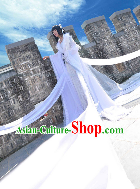 Chinese Pure White Fairy Cosplay Halloween Costumes and Hair Jewelry Complete Set