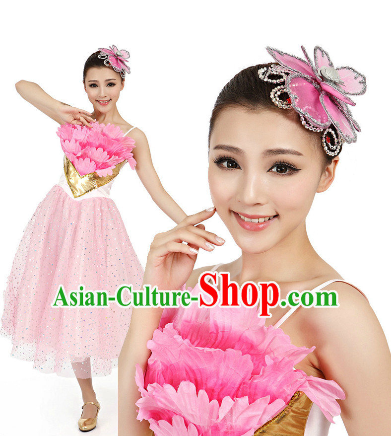 Chinese Traditional Dance Apparel Dance Attire and Headpiece Complete Set