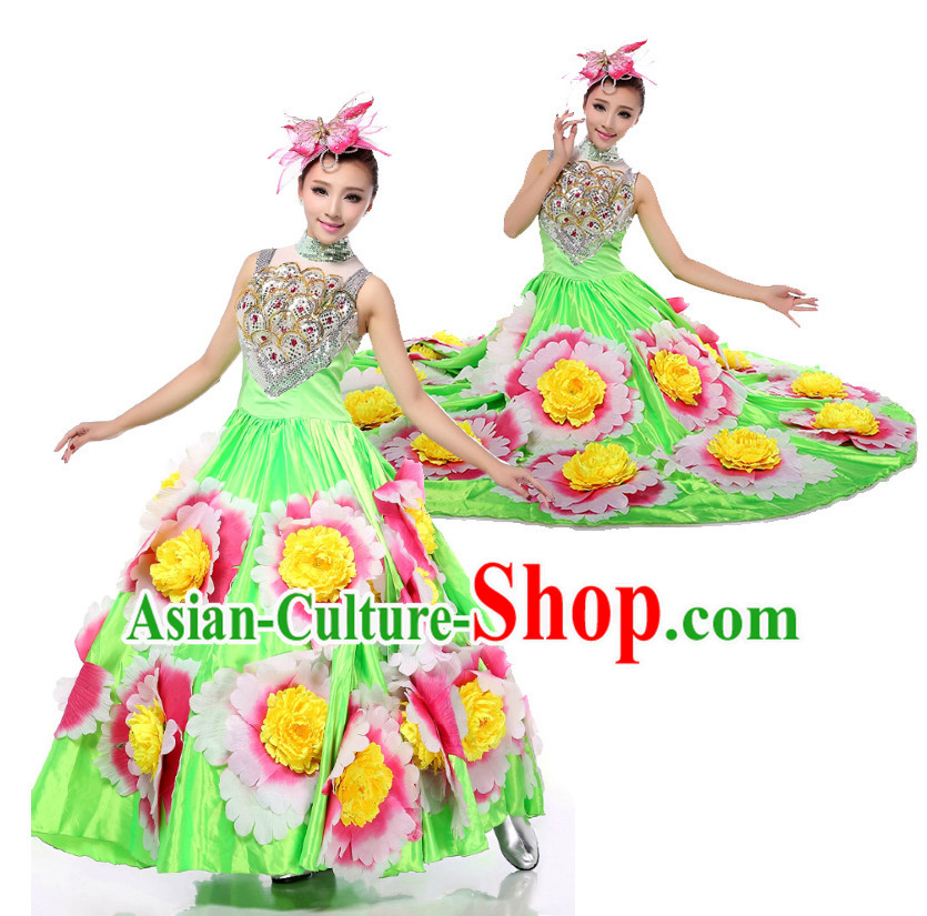 Chinese Stage Costumes Dance Stores Dance Gear Dance Attire and Hair Accessories Complete Set
