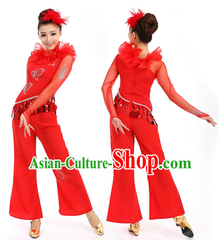 Chinese Red Stage Costumes Dance Stores Dance Gear Dance Attire and Hair Accessories Complete Set