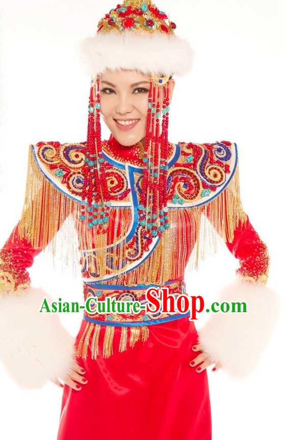 Chinese Ethnic Mongolian Princess Costumes and Hat Complete Set for Women