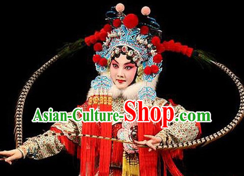 Chinese Classical Beijing Opera Mandarin Heroine Phoenix Hat and Peacock Feathers Long Pheasant Tail Feathers