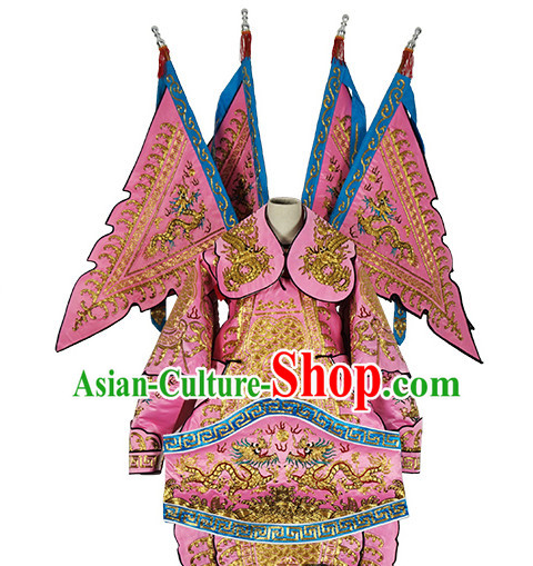 Chinese Pink Theatrical Costume Beijing Opera Costumes Peking Opera Wu Sheng Embroidered Armor Costumes and Flags for Men