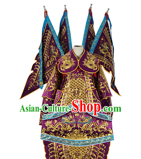 Chinese Purple Theatrical Costume Beijing Opera Costumes Peking Opera Wu Sheng Embroidered Armor Costumes and Flags for Men