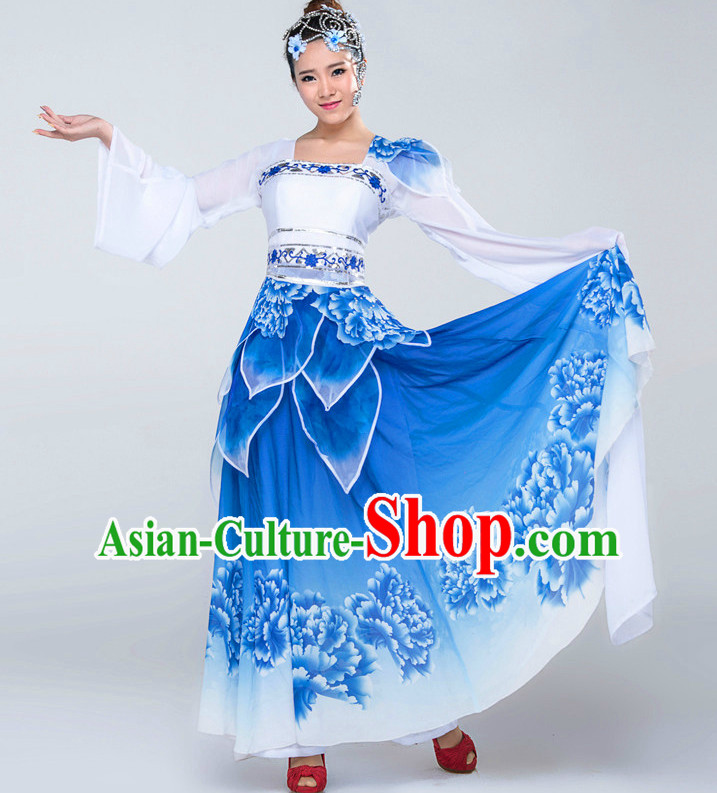 Traditional Chinese Blue and White Classical Dance Costumes Complete Set for Women