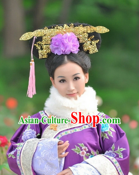 Chinese Qing Dynasty Empress Long Robe Folk Dress and Headpieces Complete Set for Women