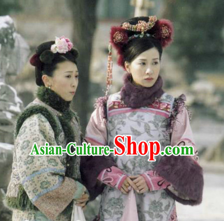 Chinese Qing Manch Plus Size Dress and Headpieces Complete Set for Women