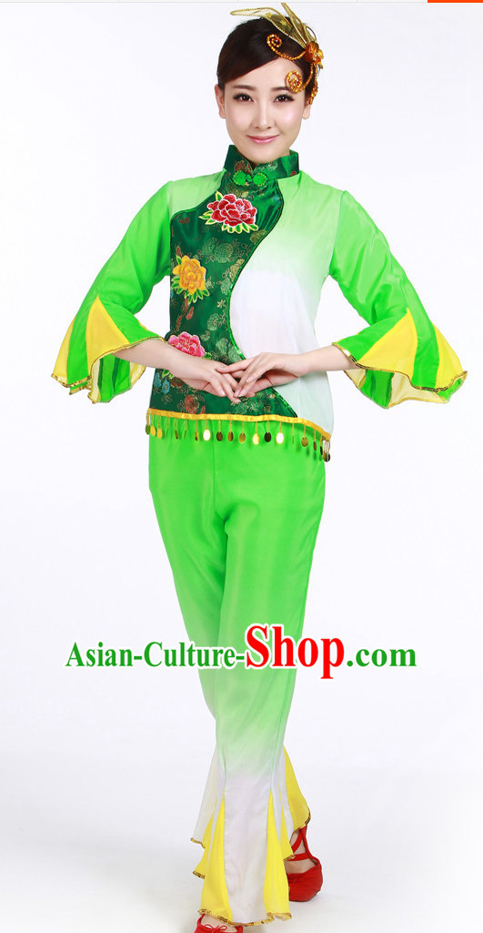 Asian Fashion Chinese Women Fan Dance Costumes and Headwear