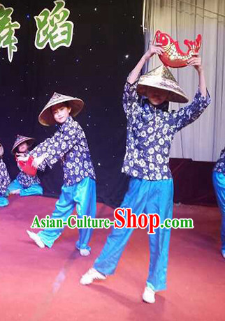 Asian Fashion Chinese Old Society Village Kids Costumes and Bamboo Hat Dancewear