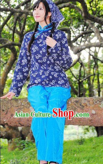 Asian Fashion Chinese Old Society Village Girls Dance Costumes and Headwear