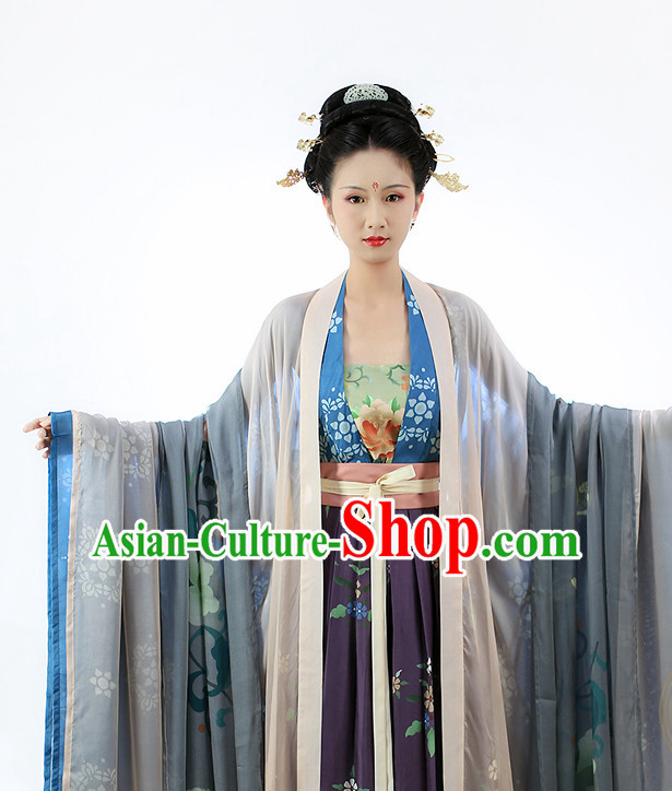 Chinese Ancient Tang Dynasty Clothes and Hair Accessories Complete Set for Women