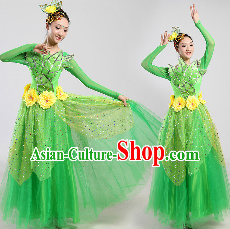 Chinese Green Leaf Dance Costumes and Headwear Complete Set for Women