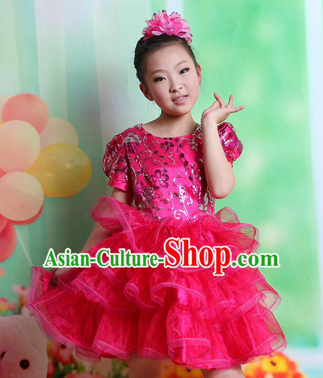 Chinese Fan Dance Costume and Headwear Complete Set for Kids