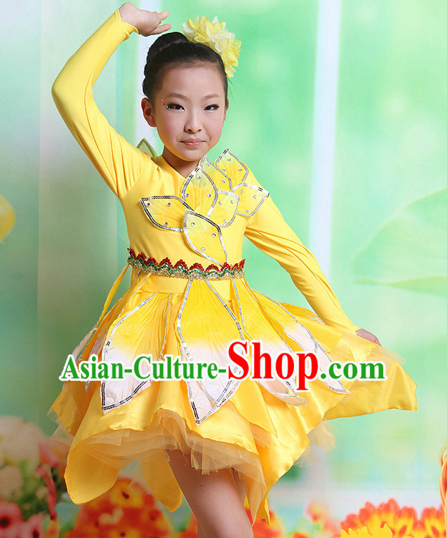 Chinese Fan Dancing Costumes and Hair Accessories Complete Set for Kids
