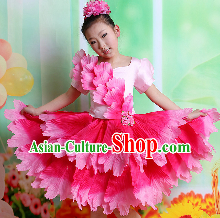 Chinese Flower Dancing Costumes and Hair Accessories Complete Set for Kids