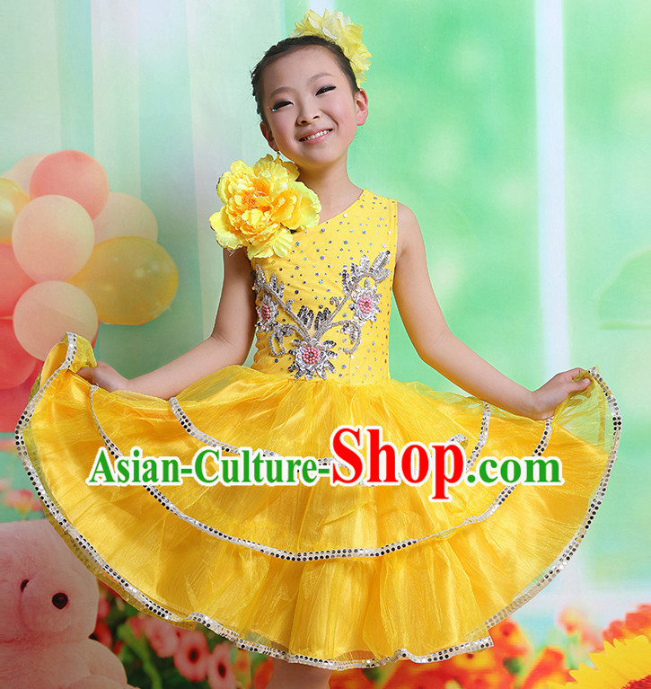 Chinese Flower Dancing Costumes and Hair Accessory Complete Set for Kids