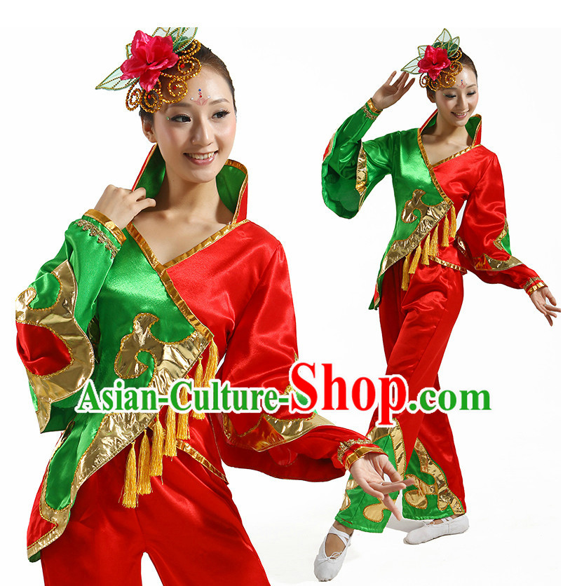 Chinese Flower Dancing Costume and Hair Accessory Complete Set for Ladies