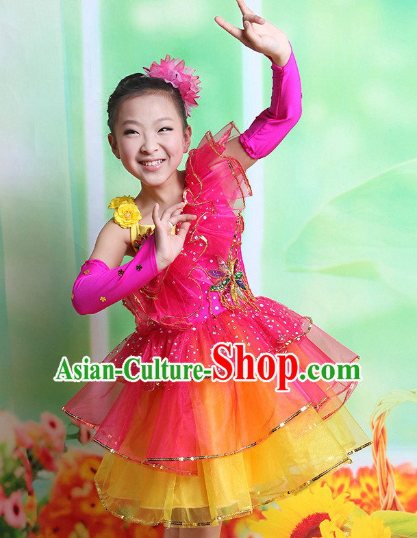 Chinese Fan Dancing Costumes and Hair Accessory Complete Set for Kids