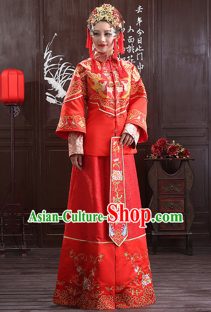 Chinese Traditional Wedding Ceremonial Outfit and Phoenix Crown Complete Set for Women