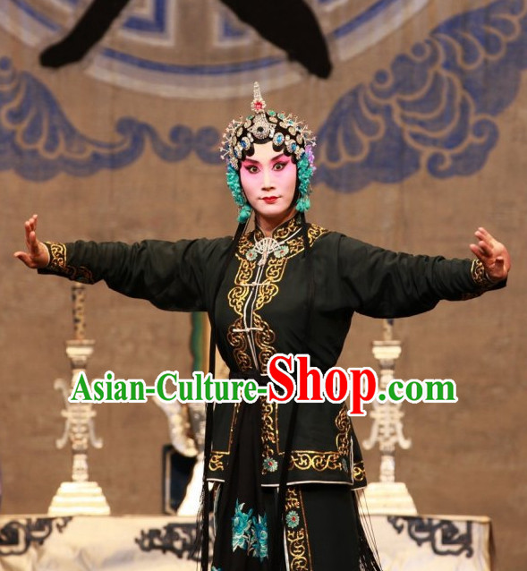 Ancient Chinese Beijing Opera Black Hua Tan Costumes and Hair Accessories Complete Set