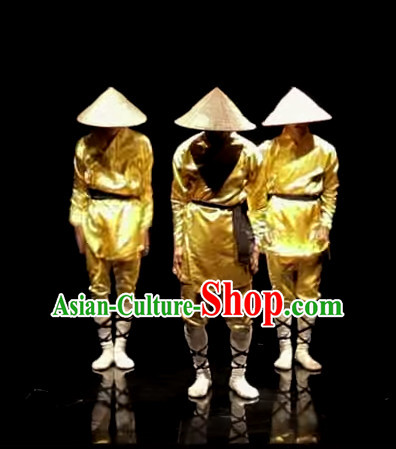 Awesome Chinese Dance Group Dancing Strawhats Costumes and Strawhat Complete Set for Men