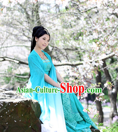 Chinese Traditional Blue Fairy Costumes and Hair Accessories Complete Set