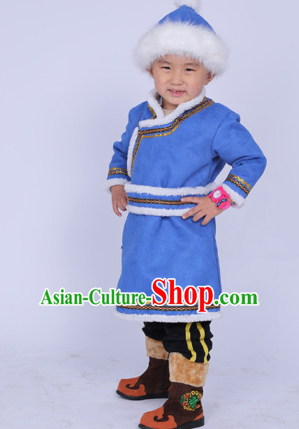 Traditional Chinese Photo Costume Mongolian Long Robe and Hat Complete Set for Boys