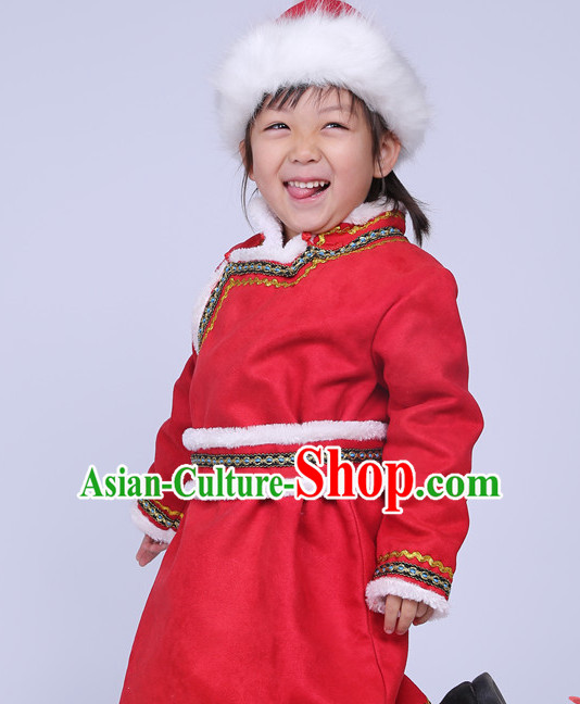 Traditional Chinese Mongolian Long Robe and Hat Complete Set for Girls