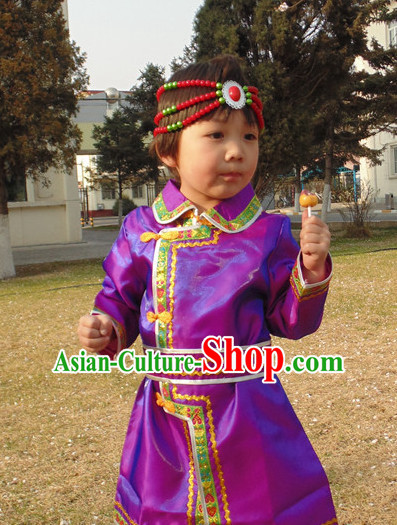 Traditional Chinese Mongolian Long Robe and Hat Complete Set Kids
