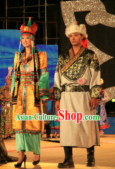 Traditional Chinese Mongolian Long Robes 2 Sets for Women and Men