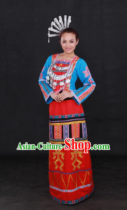 Traditional Chinese Ethnic Li Nationality People Folk Dresses and Hat Complete Set for Women