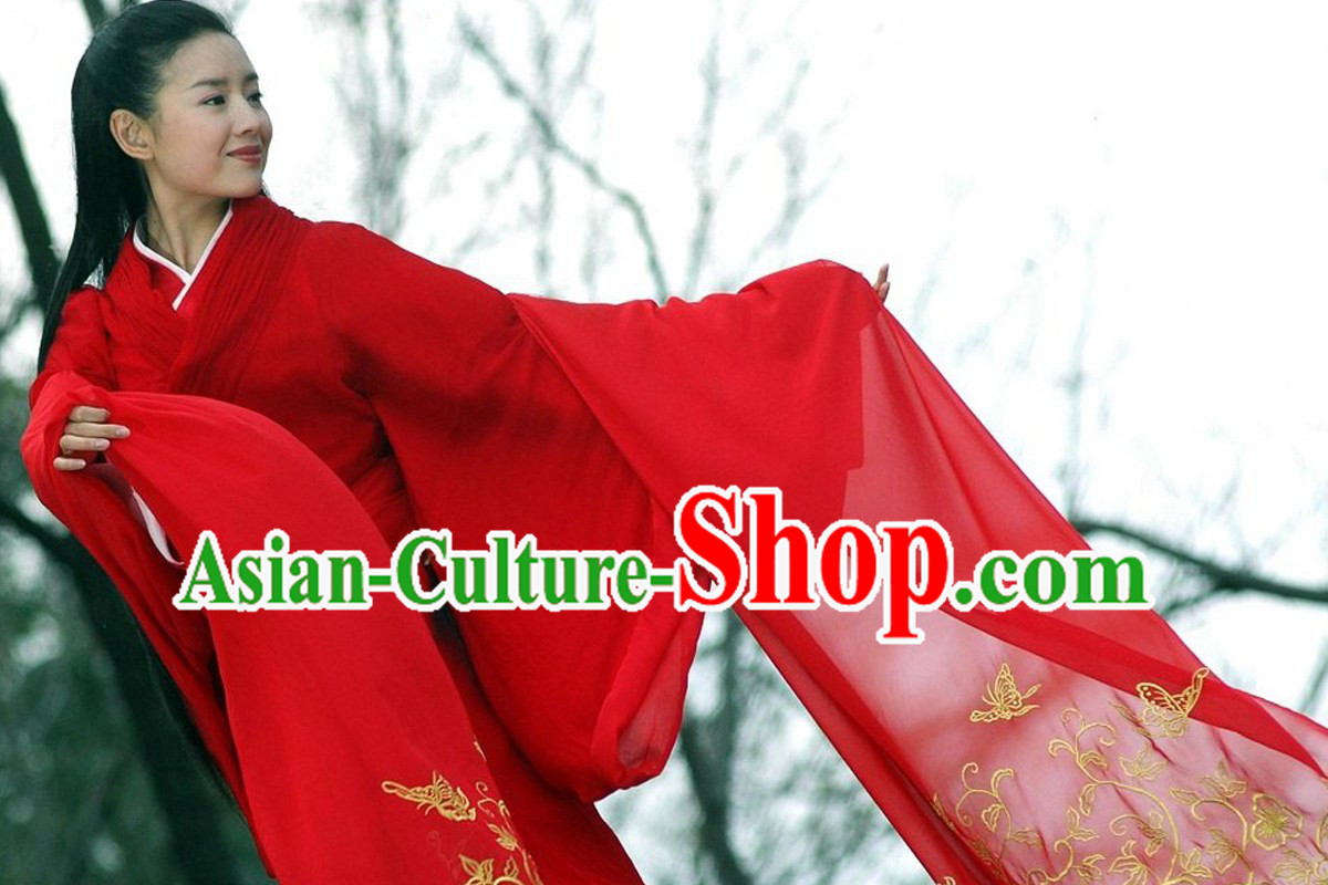 Ancient Red Wide Sleeves Hanfu Butterfly Costumes