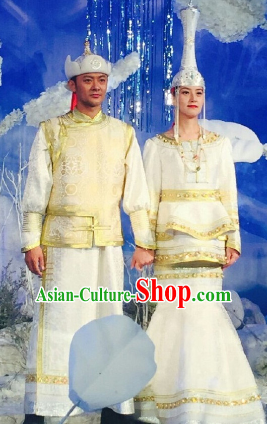 Mongolian Traditional Wedding Dresses and Hats for Men and Women
